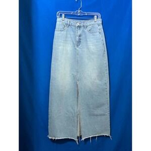 Light Wash Denim Maxi Skirt Raw Hem Front Slit Size M Country Cowgirl Modest